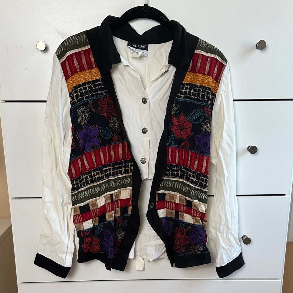 90s Vintage Colorful Embroidered Cardigan with White Shirt